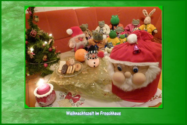 "Nun muss ich euch verlassen , auf mich warten noch viele Kinder denen ich ihre Geschenke bringe", verabschiedet sich der Weihnachtsmann ."Vielen Dank, lieber Weihnachtsmann für die Geschenke", bedankt sich Karli im Namen aller Froschhausbewohner, "wir werden uns jetzt noch unter dem Weihnachtsbaum zusammensetzen." 