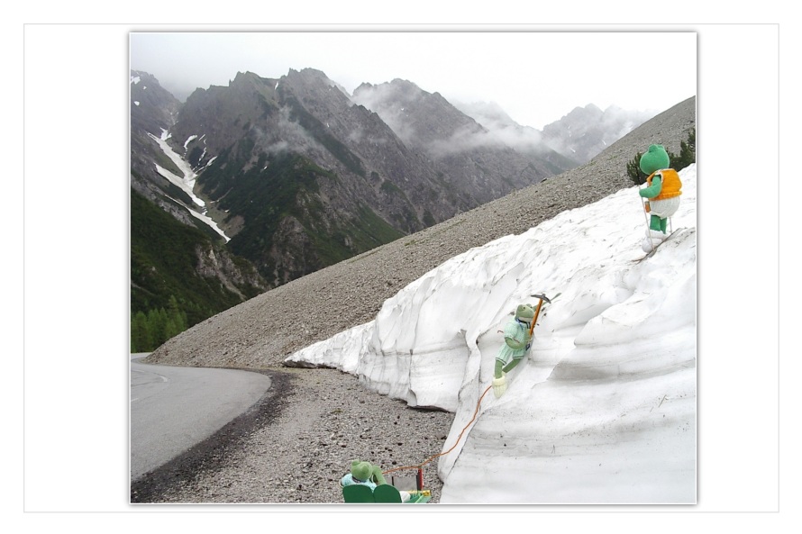 In der Eile haben die beiden Retter doch vergessen sich Wintersachen anzuziehen, aber Fridolin beginnt gleich den Berghang mit Hilfe des Eispickels zu erklimmen."Ich bin gleich oben, halte aus!" ruft er zu Mondi hoch. "Pass nur auf, schön vorsichtig, nicht abstürzen so kurz vor dem Ziel", beruhigt er Fridolin.