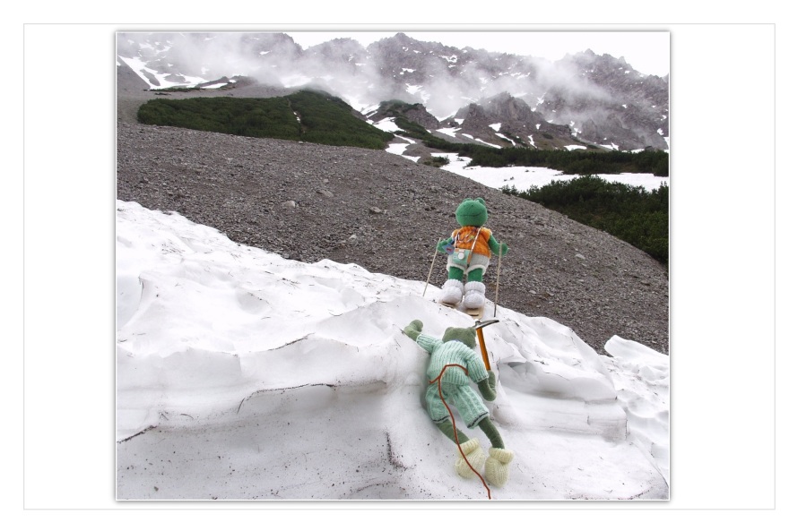 Nur noch einige Zentimeter, dann ist Mondi gerettet. "Was ist denn überhaupt passiert?", fragt Fridolin. "Ich hätte nicht allein gehen sollen und dann hatte ich noch das falsche Wachs auf den Ski, es ging dann gar nichts mehr. Lange habe ich hier ausgeharrt, dies wird mir eine Lehre sein. Vielen Dank für eure Suche und die Rettung", sagt Mondi sichtlich erleichtert. Kurti ruft von unten: "Das ist doch klar, wir lassen Mondi und unsere Freunde doch nicht im Stich !"